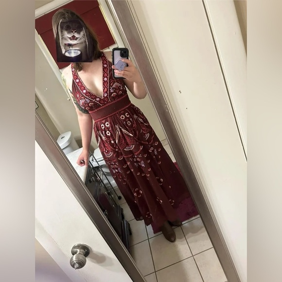 Anthropologie V Neck Deco Midi Dress‎ Embroidered Floral Wine Red Large - Picture 2 of 11